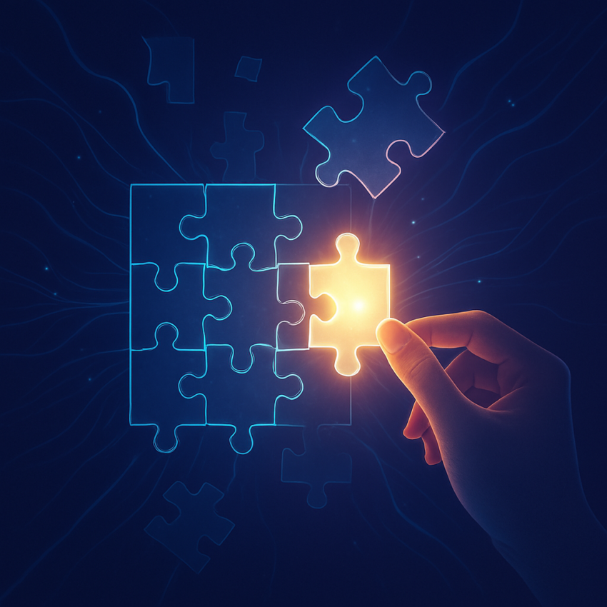 A glowing, partially completed jigsaw puzzle with a hand placing a final piece, surrounded by abstract light trails representing thought or neural activity.