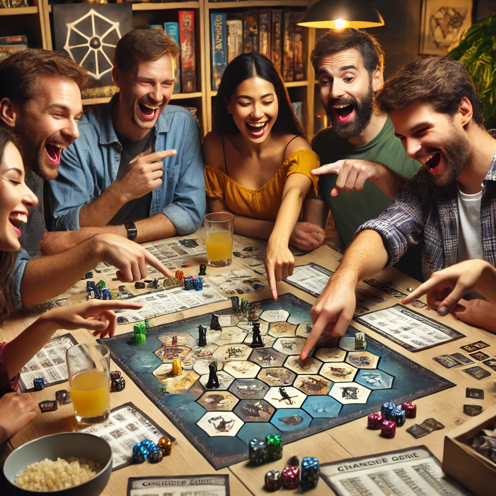 Friends gathered around a tabletop game, enjoying a Grid & Ink puzzle night