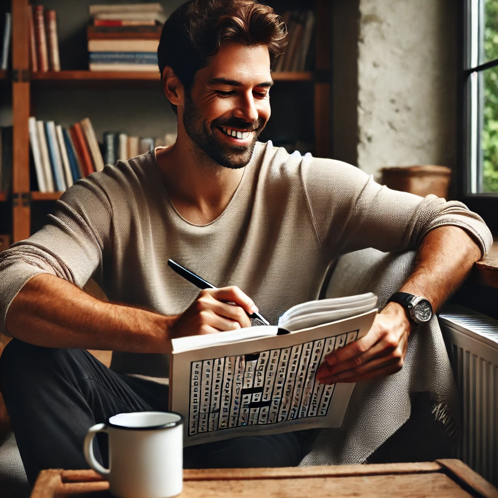 Man relaxing with a Grid & Ink word search and puzzle book