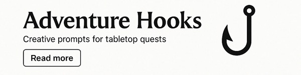 Banner labeled “Adventure Hooks” with a black hook icon on a white background