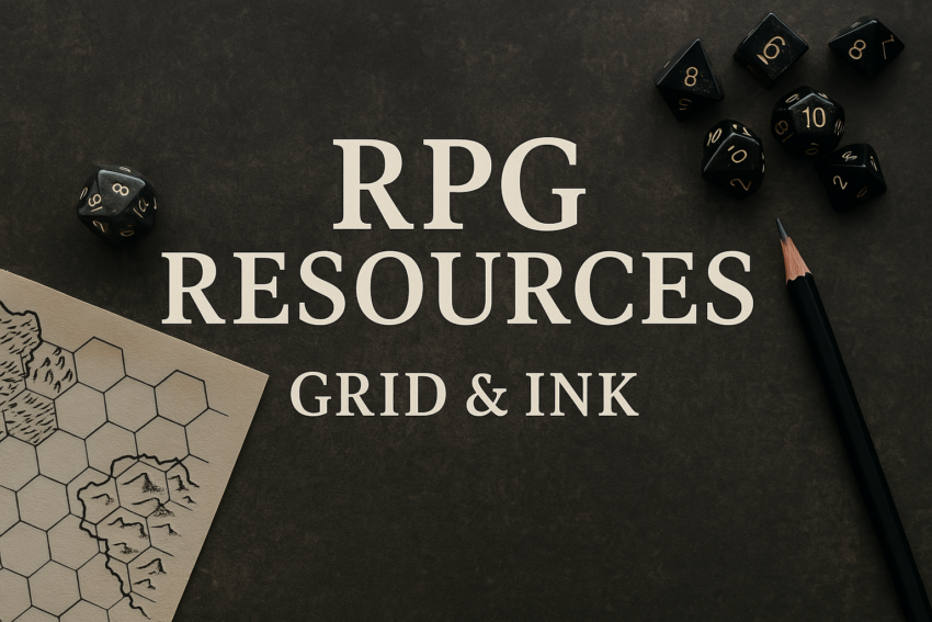 Flat-lay image featuring RPG dice, a hex-map sketch, and a pencil on a dark stone-textured background with the text “RPG Resources – Grid & Ink.”