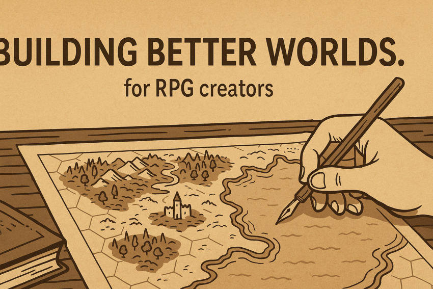 A sepia-toned illustration of a fantasy map in progress, with a hand drawing terrain on hex paper using a fountain pen. The banner reads “Building Better Worlds for RPG creators.”