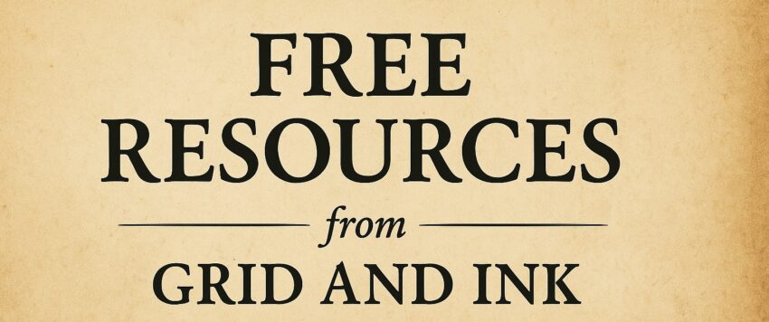 Free Resources from Grid & Ink banner with guitar, puzzle, and music-themed illustrations on a vintage paper background.