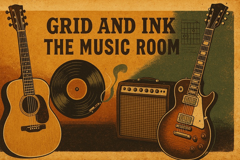 Vintage-style banner with acoustic and electric guitars, vinyl record, amp, and chord diagram promoting "Grid and Ink: The Music Room."