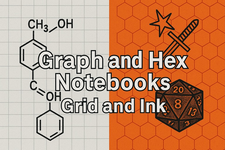 Split image of graph and hex paper with chemistry and RPG illustrations, featuring bold text: "Graph and Hex Notebooks Grid and Ink."