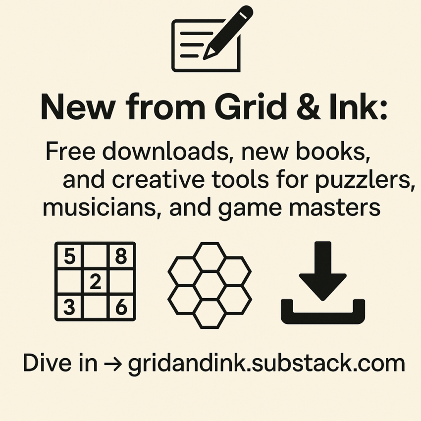 Promotional graphic reading “New from Grid & Ink” with icons for downloads, Sudoku, hex grids, and a link to gridandink.substack.com.