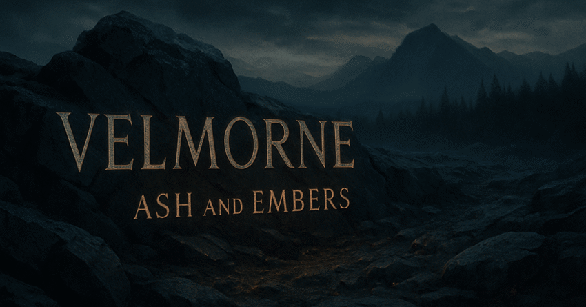 Dark fantasy landscape with the title "Velmorne: Ash and Embers" against a rocky, mountainous backdrop.