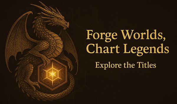 A fantasy dragon coiled around a glowing hex symbol, promoting the Forge Worlds Chart Legend title series on a dark leather-like backdrop.