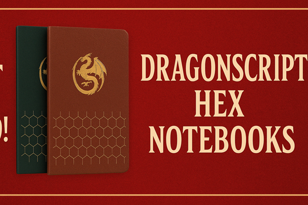 Two fantasy-themed hex notebooks with a gold dragon emblem on a red background, promoting the DragonScript Hex Notebook series.