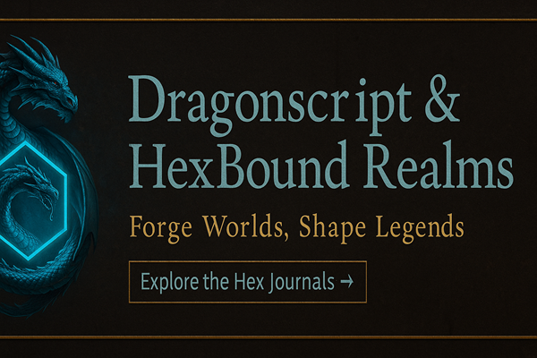 Fantasy banner with glowing text and a blue dragon emblem promoting the Dragonscript and HexBound Realms hex journal series.