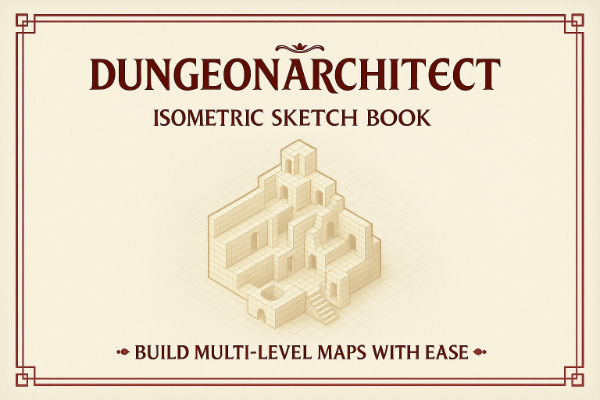 Dungeon Architect sketch book cover showing an isometric stone dungeon on a parchment background with bold title and red border.