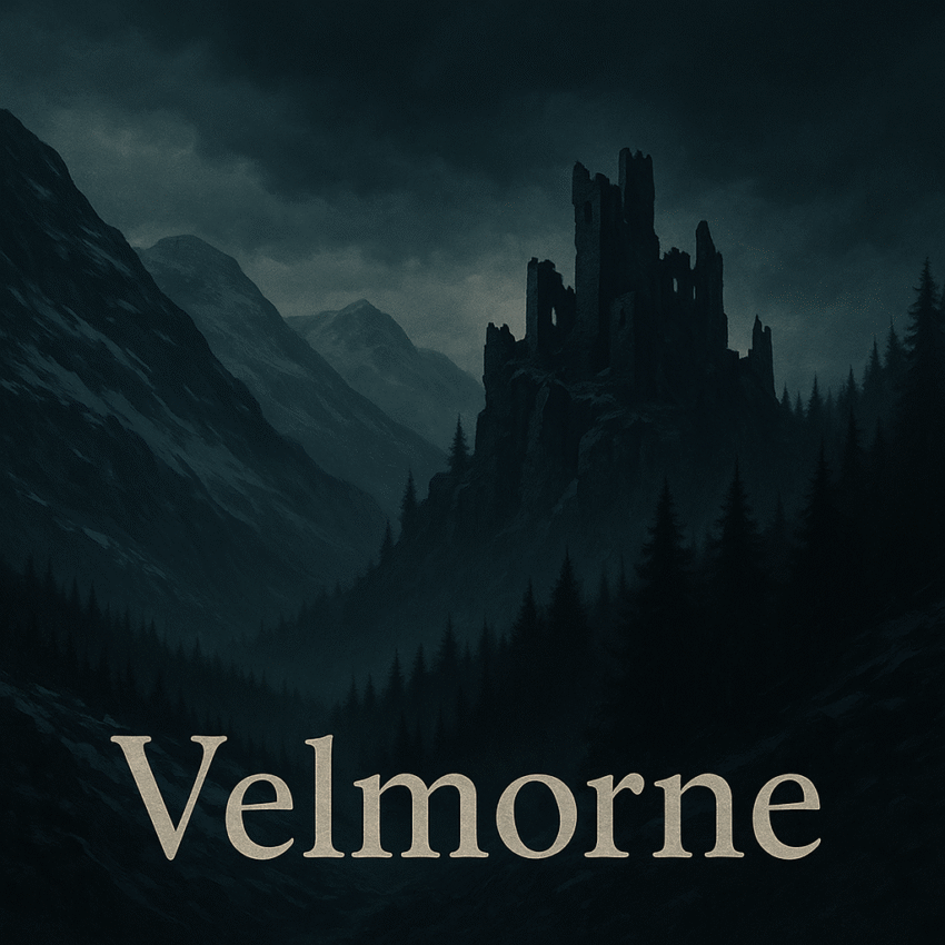 Dark fantasy illustration of a ruined castle atop a rocky peak, surrounded by pine forest and snow-dusted mountains under a stormy twilight sky, with the word "Velmorne" in bold serif font.