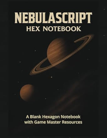 Nebulascript hex notebook cover showing a large ringed planet with a moon on a black background, and title text in bold white.