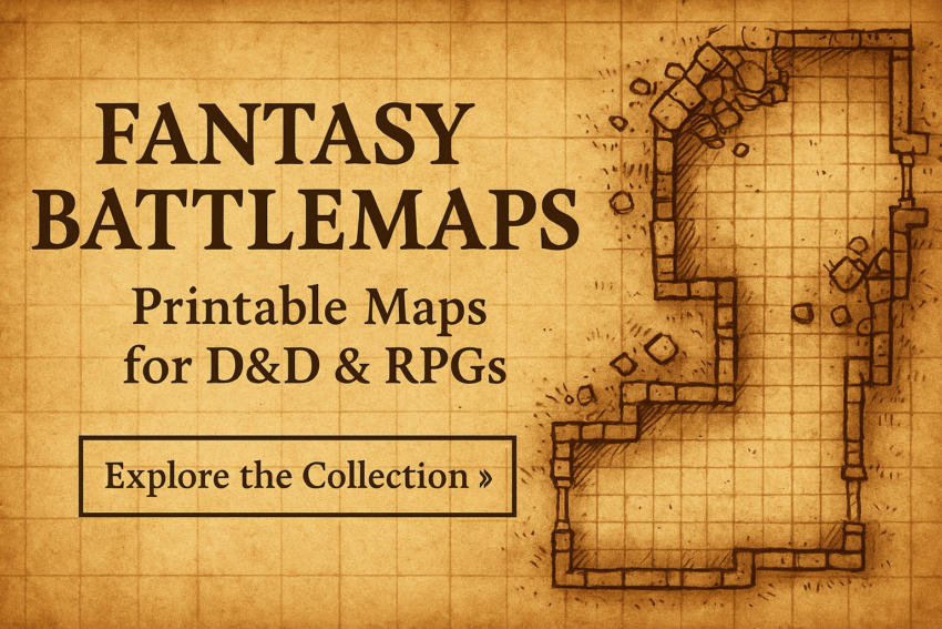 Fantasy battlemaps promotional image featuring a parchment-colored grid, stone ruins, and forest accents designed for tabletop RPGs.