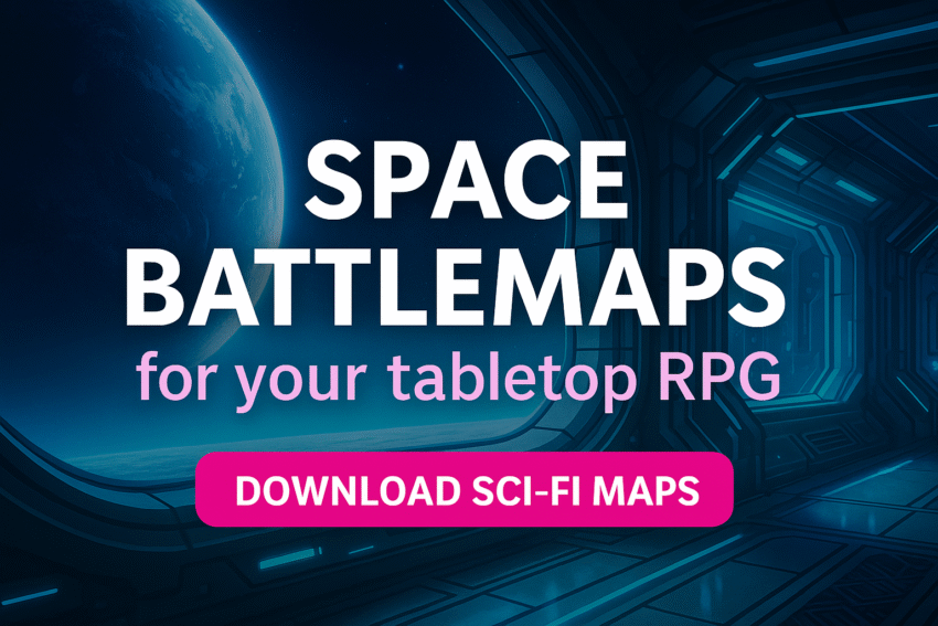 Promotional graphic for space battlemaps, featuring sci-fi grid overlays, planetary textures, and stylized title text.