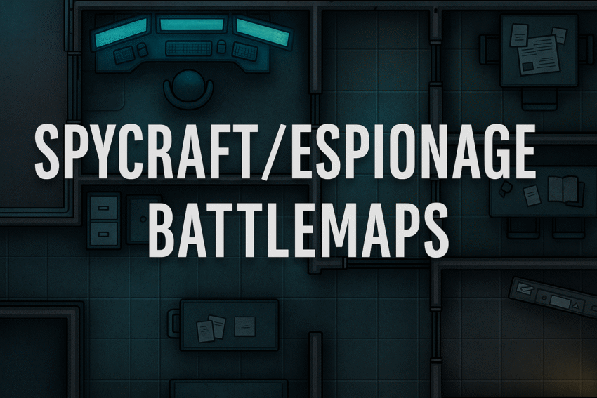 Promotional image for spycraft battlemaps featuring a dark urban layout with blueprint overlays and red-tinted surveillance elements.