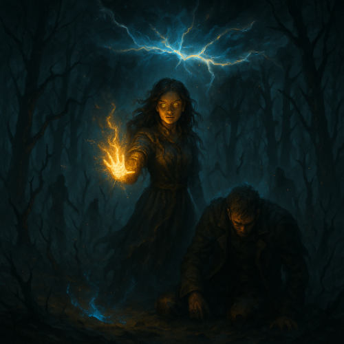 A mysterious woman stands in a dark forest, holding a glowing orb of fire as lightning cracks the sky above; a man kneels beside her.