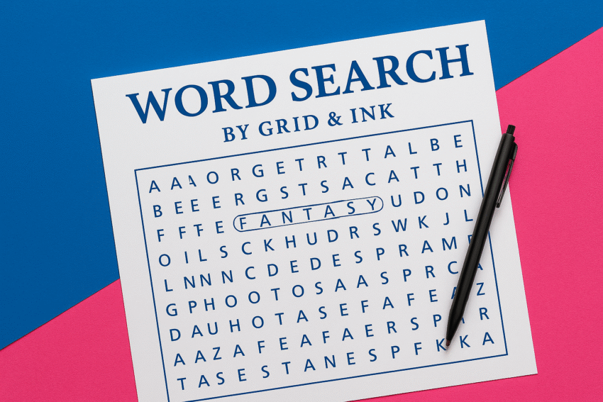A word search puzzle titled "Word Search by Grid & Ink" sits on a blue and pink diagonal background with a black pen resting on the paper.