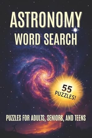 Astronomy Word Search puzzle book cover with galaxy swirl and 55 puzzles badge