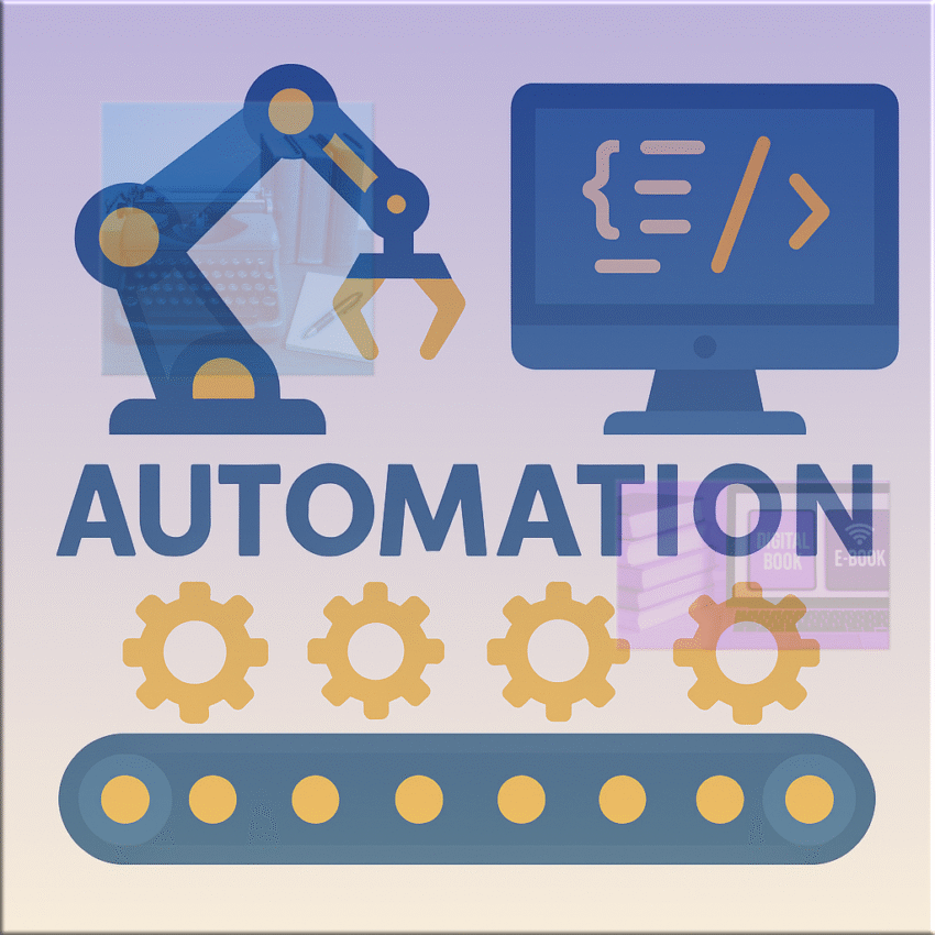 Flat illustration of robotic arms, gears, and code icons representing automation tools.