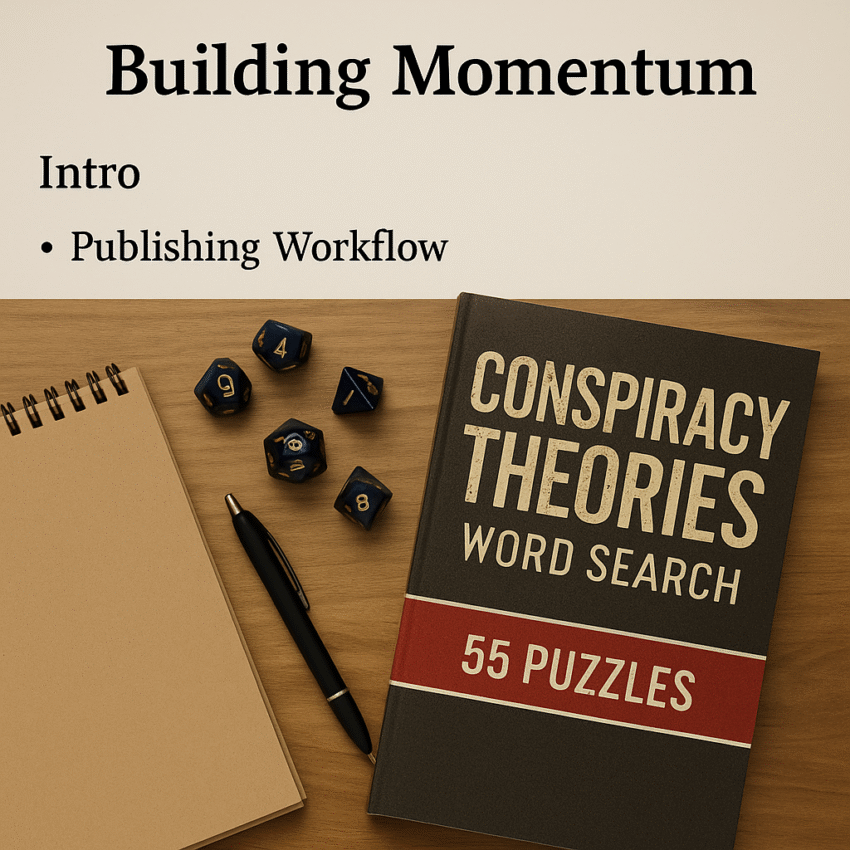 Workspace with Conspiracy Theories Word Search book, notebook, dice, and pen — featured image for Weekly Update #2: Building Momentum.