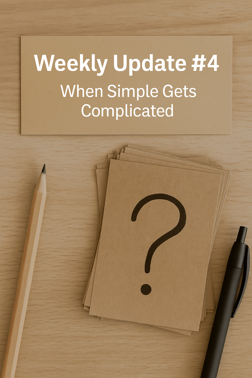 Weekly Update #4 graphic featuring a document, pen, and coffee cup on a desk