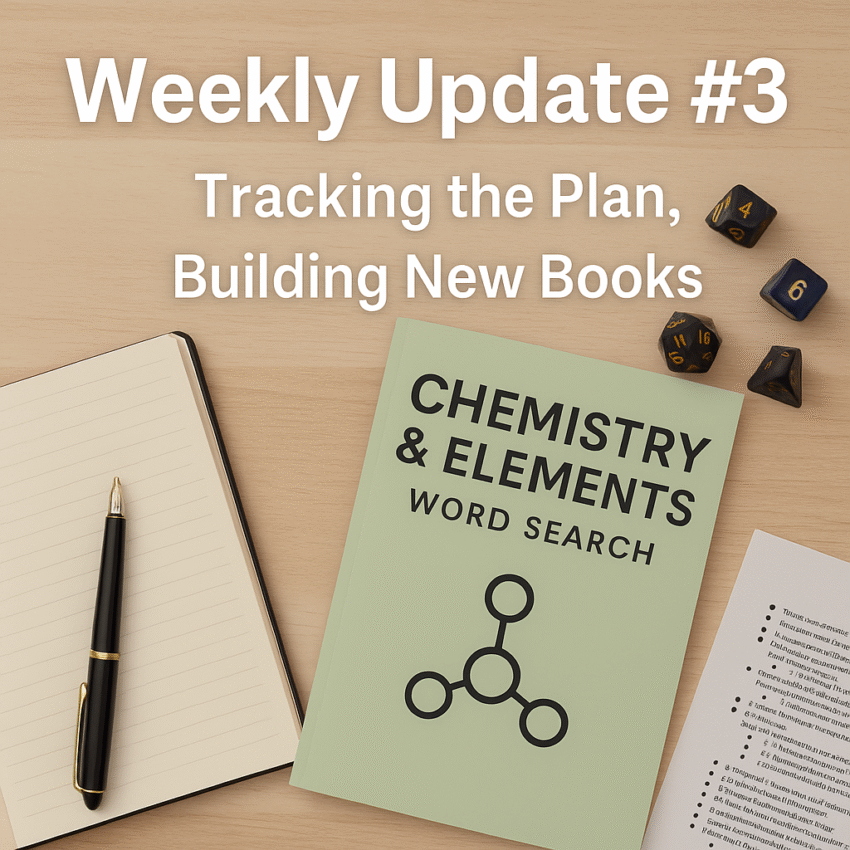 Weekly Update #3 graphic featuring Chemistry & Elements Word Search and new publishing plans
