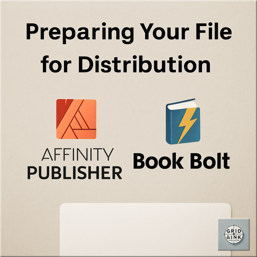 Preparing KDP book files for distribution using Affinity Publisher and Book Bolt logos on a neutral background.