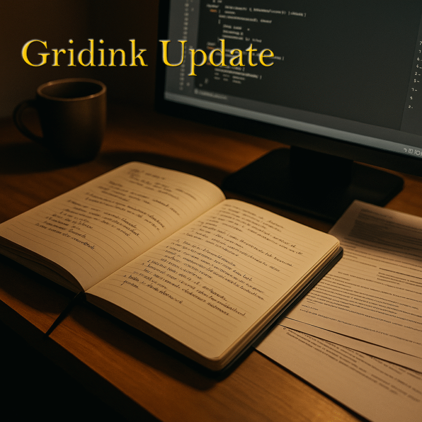 A warm, focused workspace showing an open notebook, pen, and computer, symbolizing creativity, reflection, and automation in progress.