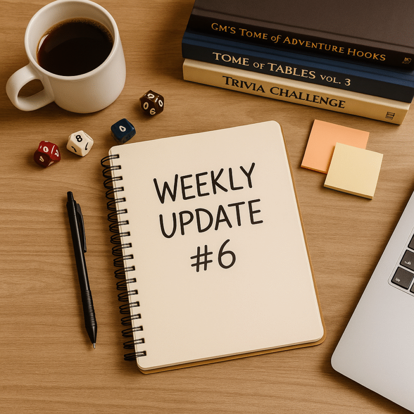 Overhead view of a creative workspace with a notebook labeled “Weekly Update #6,” dice, coffee cup, and stacked RPG and puzzle books.
