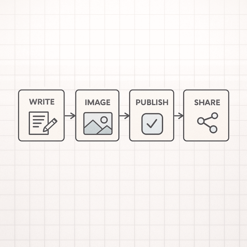 A simple workflow diagram showing the steps: write, image, publish, RSS, Substack, and shared links.