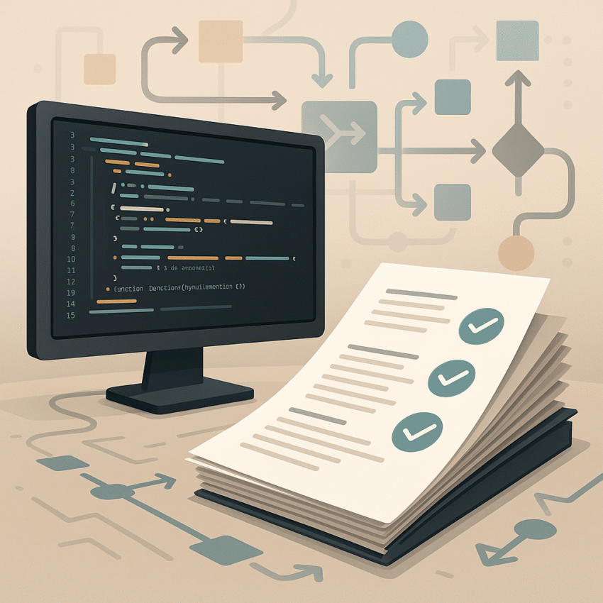 A workspace featuring a computer monitor displaying code, printed trivia sheets, a pencil, and abstract automation icons, representing the blend of coding, parsing, and book-building workflows.